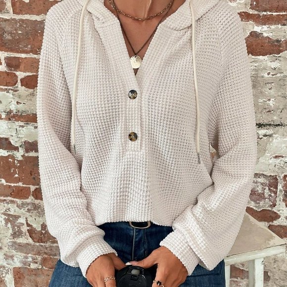 Apricot Casual Womens Half Button Raglan Sleeve Drawstring Hoodie - Picture 5 of 5